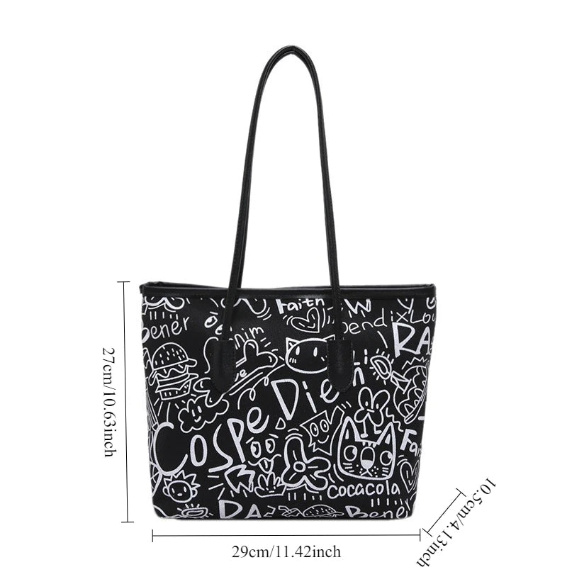 Trendy Graffiti Print Canvas Tote Bag with Cute Cloud Pendant & Shoulder Straps