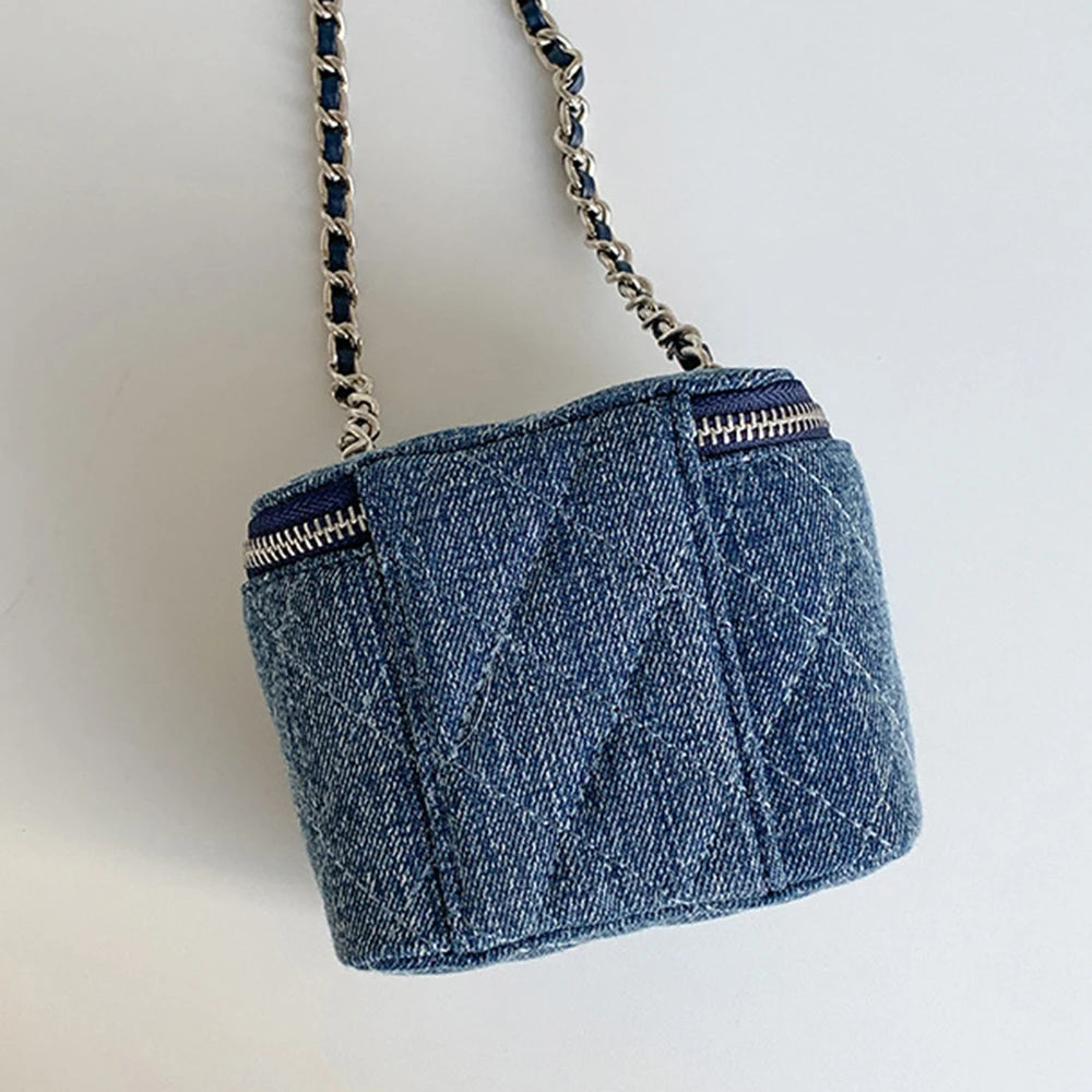 Chic Quilted Denim Mini Vanity Crossbody Bag – Cute Cylindrical Chain Shoulder Bag for Women