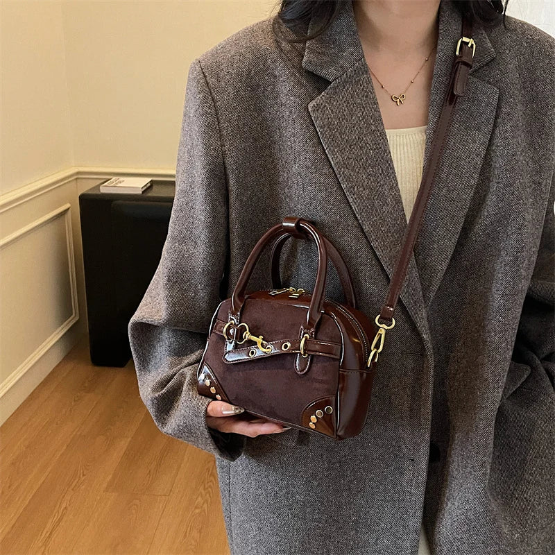 Dark Academia Chic Buckled Handbag with Gold Hardware