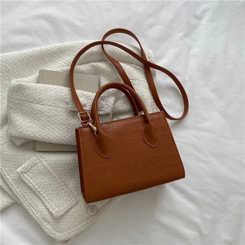 Faux-Croc Textured Structured Handbag with Crossbody Strap