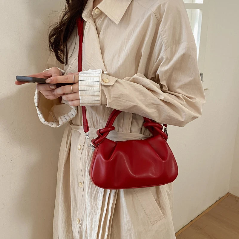 Chic Pleated Mini Red Handbag for Women | Stylish PU Leather Top Handle & Underarm Shoulder Purse
