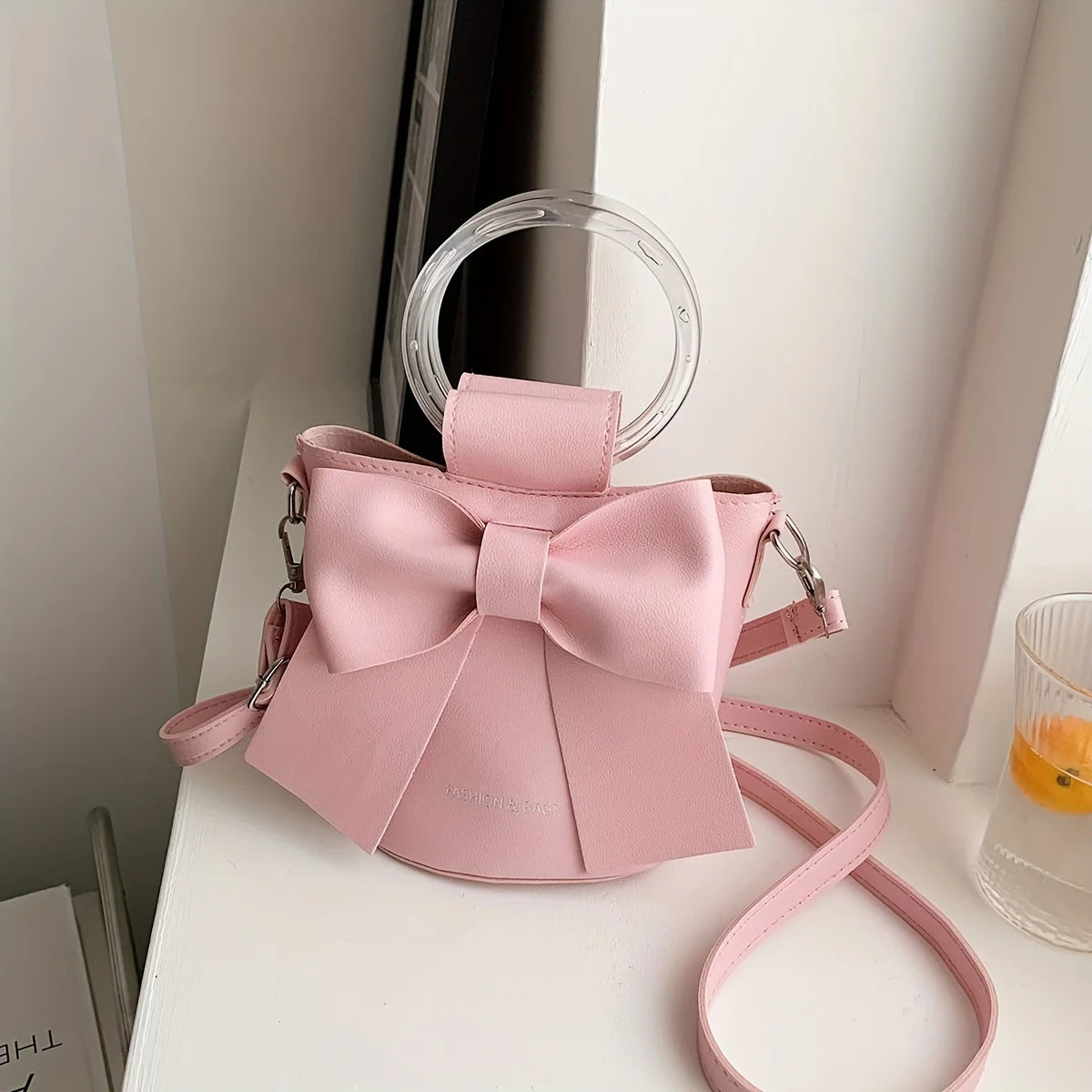 Chic Black Bow Bucket Bag with Clear Ring Handle | Coquette Aesthetic Purse