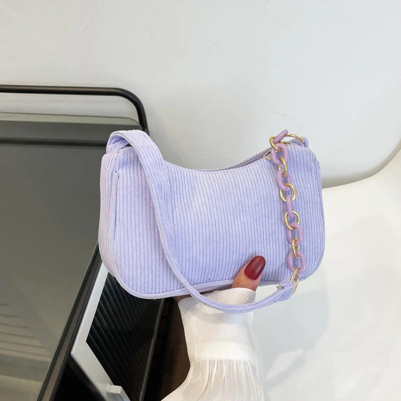Aesthetic Corduroy Underarm Baguette Bag with Pastel Chain Accent | Soft Girl Y2K Shoulder Purse ✨