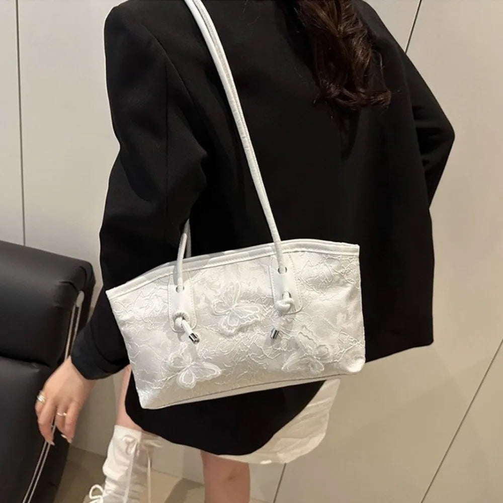 Elegant White Lace & Embroidery Butterfly Tote Bag – Chic Women's Handbag with Knot Straps