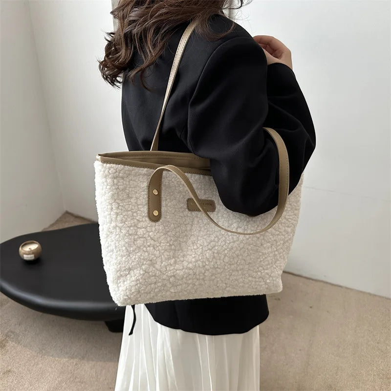 Cozy Brown Fuffly Sherpa Tote Bag with Leather Trim