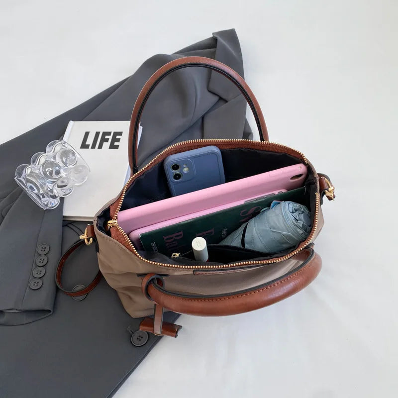 Women’s Waterproof Nylon Handbag with PU Leather Trim & Adjustable Crossbody Strap