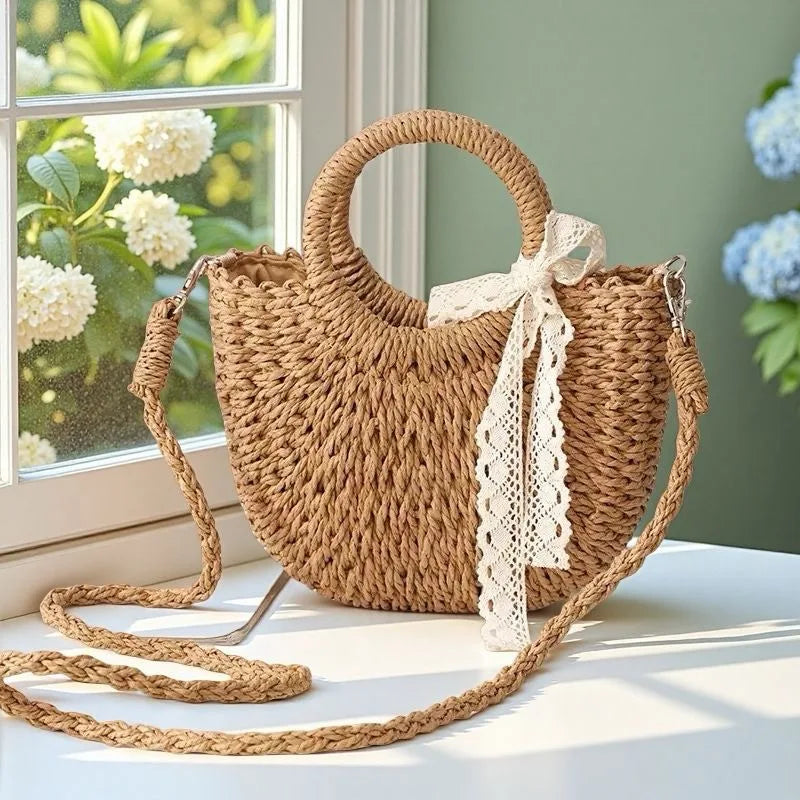 Casual Natural Woven Straw Tote with Ribbon Accent
