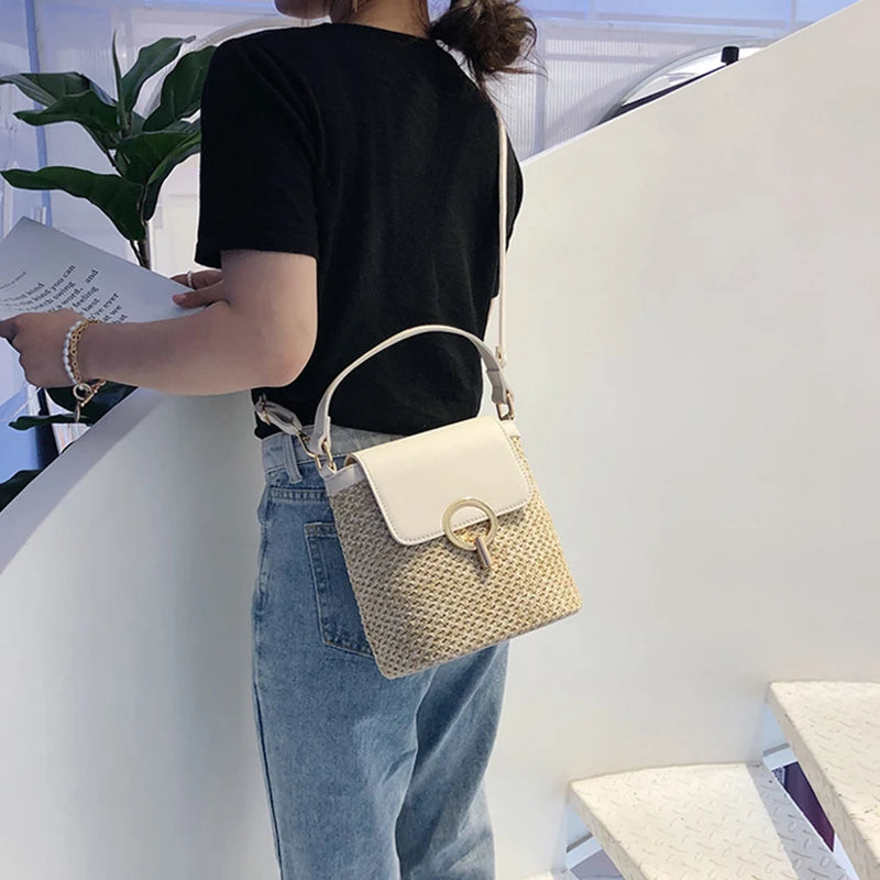 Boho Chic Straw & Leather Bucket Bag | Woven Top-Handle Crossbody Beach Bag