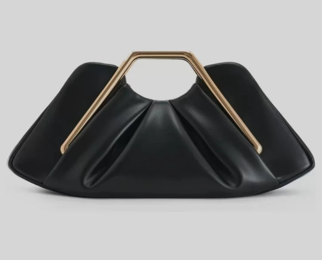 Chic Pleated PU Leather Clutch Bag | Metal Handle Geometric Evening Handbag