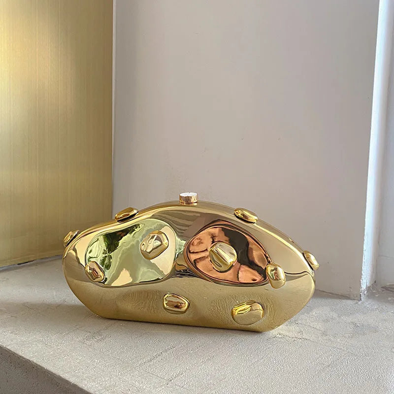 Luxury Metallic Irregular Hard Shell Clutch Bag – Chic Gold & Silver Evening Party Handbag