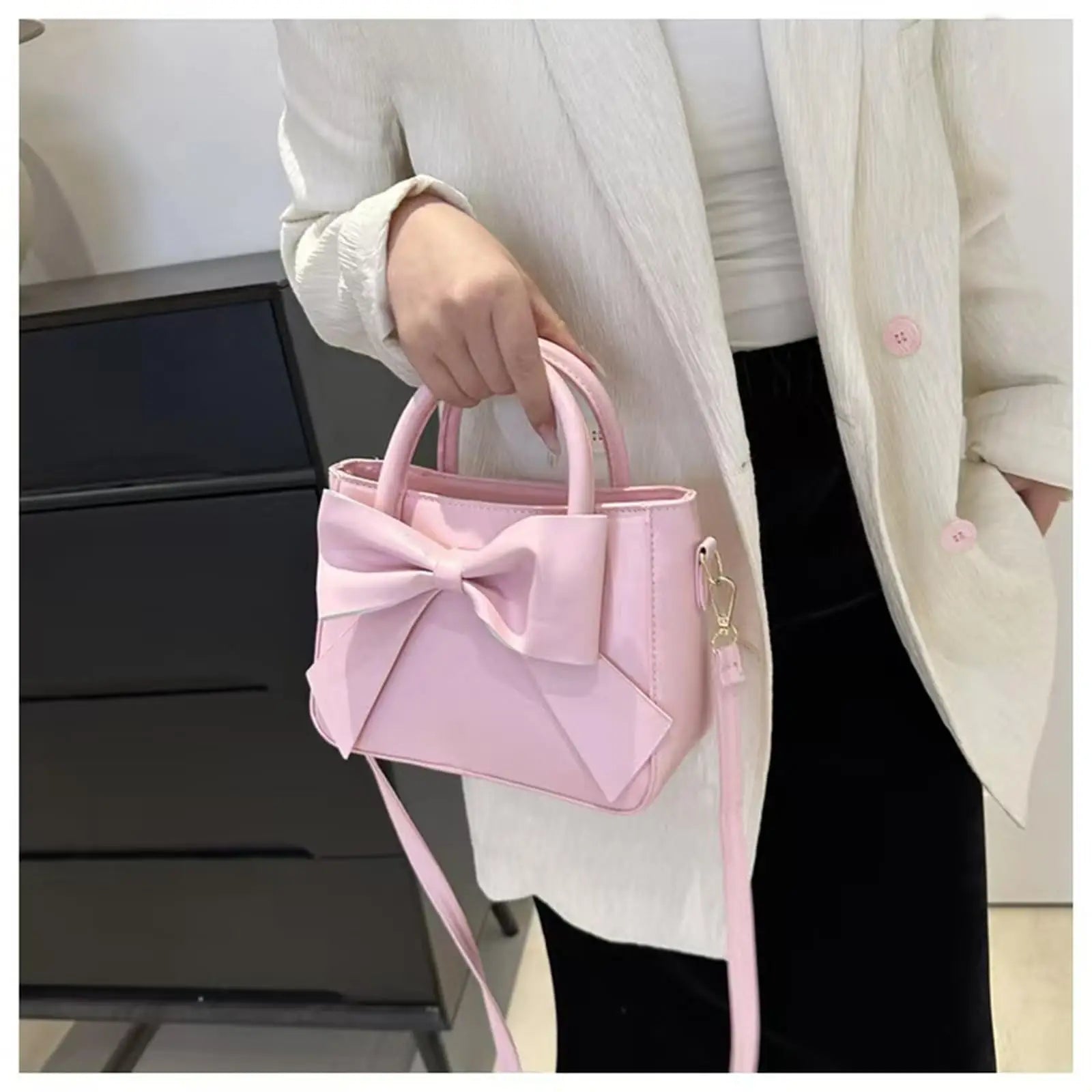 Chic Bow-Accent PU Leather Top-Handle Crossbody Bag | Cute Aesthetic Shoulder Bag
