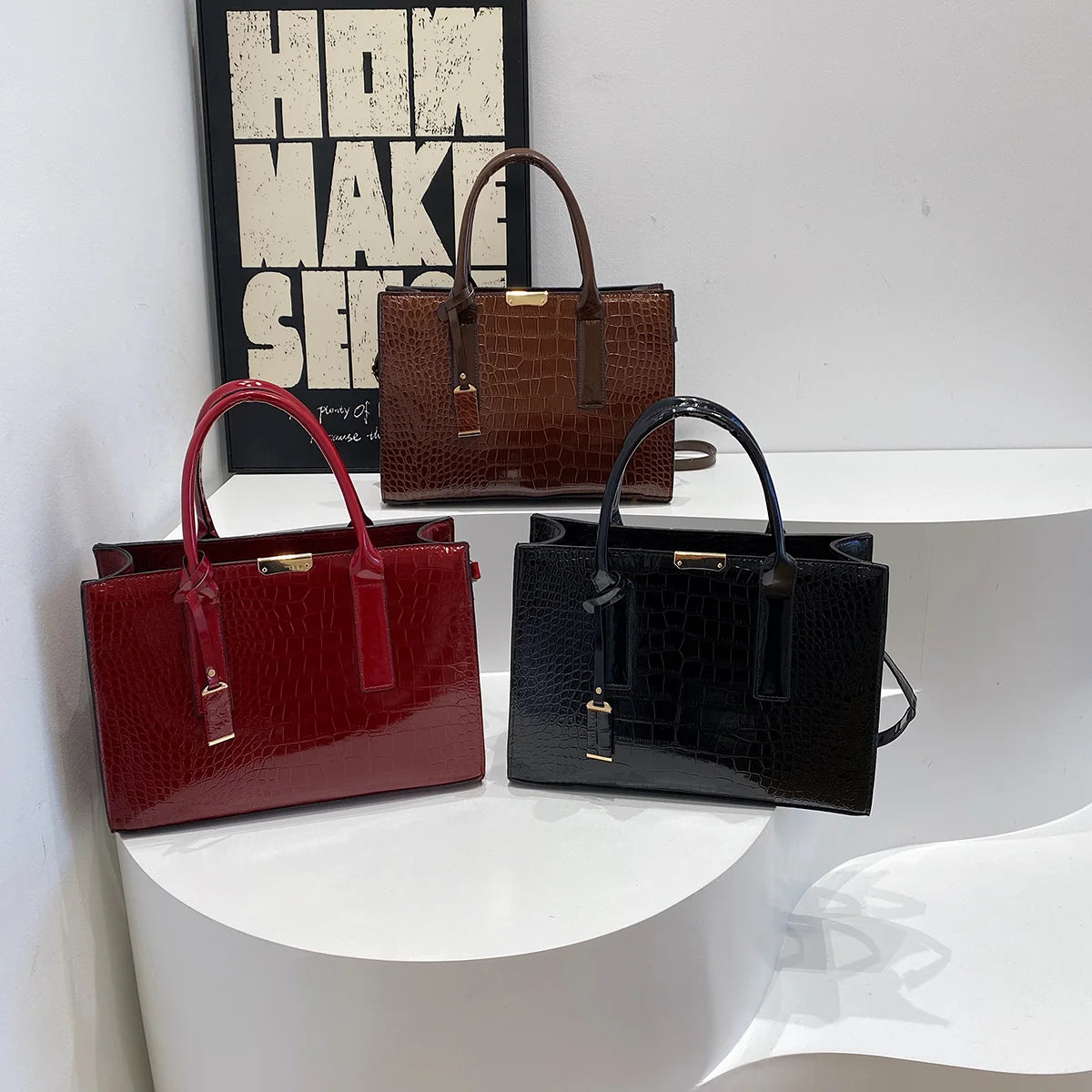 Luxury Glossy Croc-Embossed Red Tote & Shoulder Bag for Women