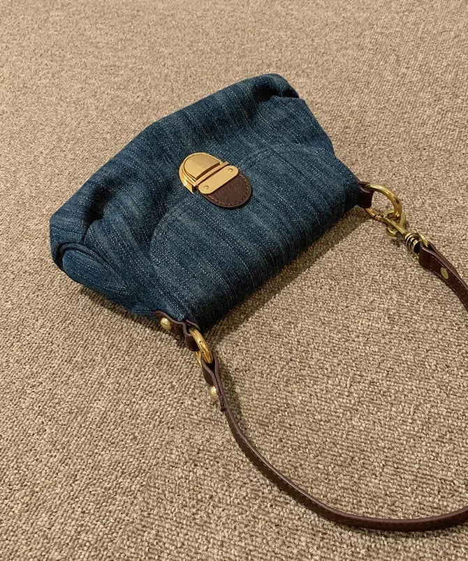 Trendy Blue Denim Flap Bag with Brass Lock Closure and Brown Strap