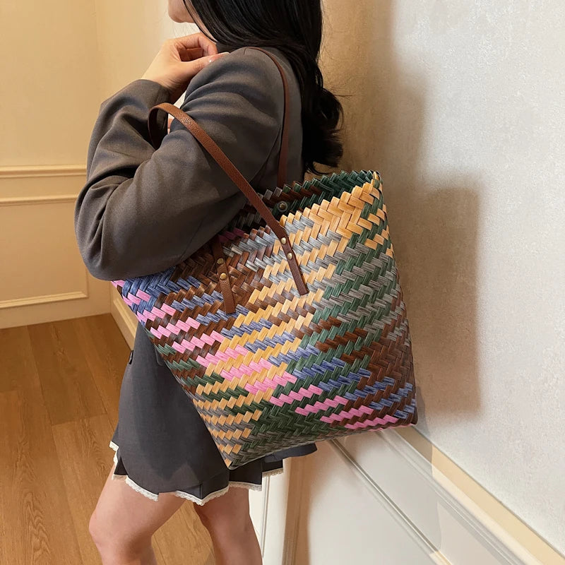 Boho Multi-Color Woven Tote Bag with Faux Leather Straps - Casual Aesthetic Large Handbag