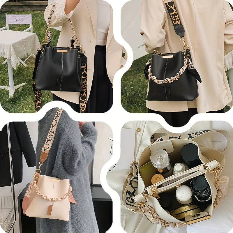 Elegant Cream White Bucket Bag | Silk Scarf Wrapped Chain Crossbody Shoulder Bag