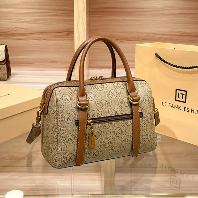 Premium Monogram Boston Handbag - Vintage Canvas Crossbody & Top-Handle Bag for Women