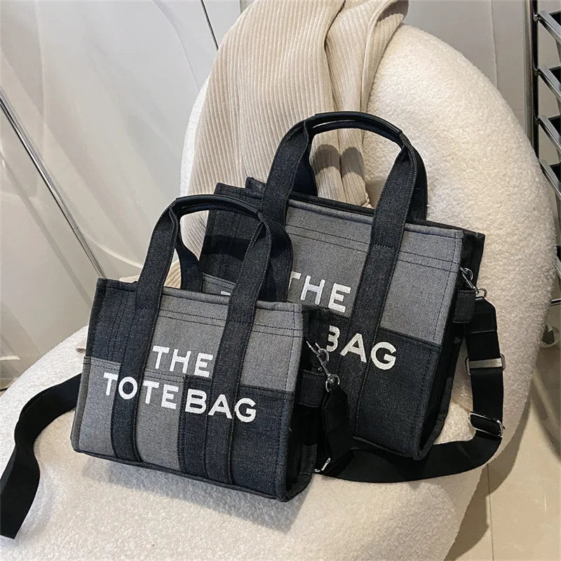 Casual Denim Patchwork "The Tote Bag" with Top Handles & Crossbody Strap