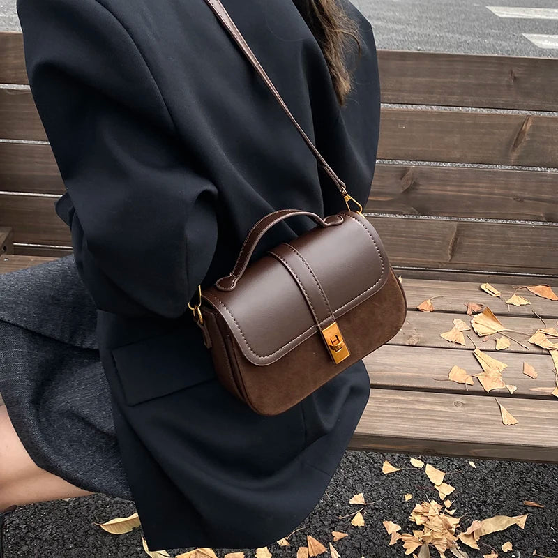 Aura Vintage Metallic Lock Crossbody Bag | Chic Suede & Leather Shoulder Bag