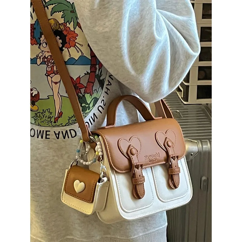 Aesthetic Preppy Style Mini Messenger Bag with Matching Mini Pouch Charm
