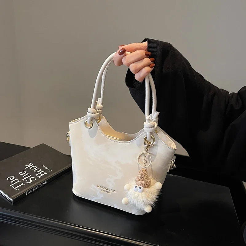 Chic White PU Leather Shoulder Bag with Cute Fur Charm & Top Handles