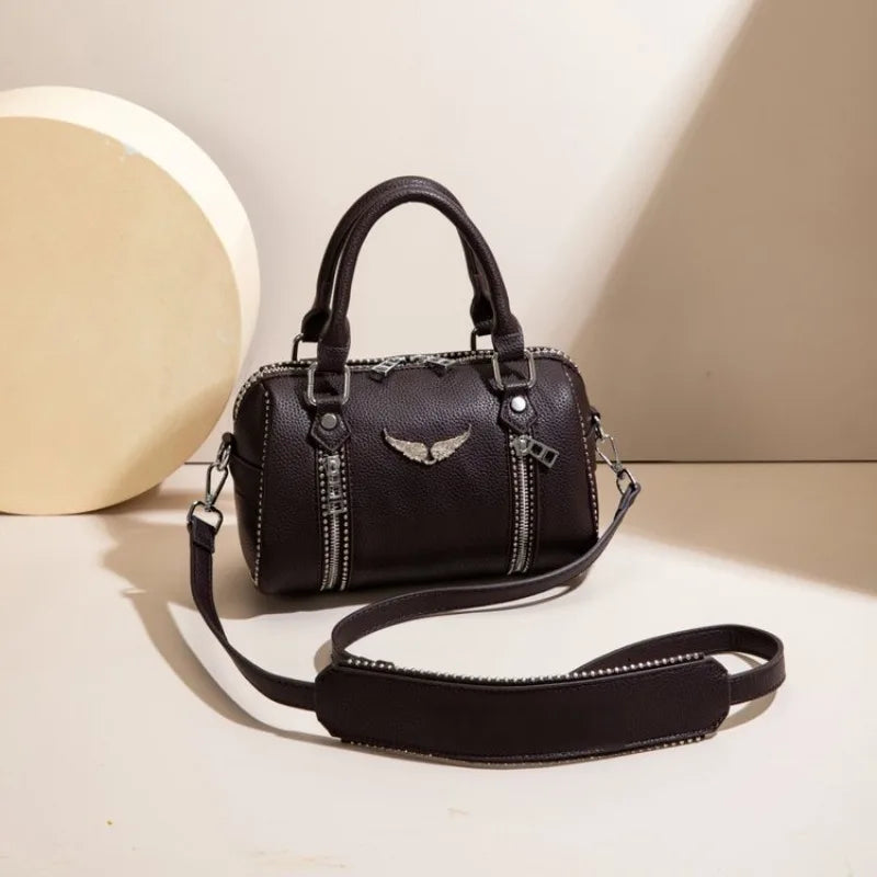 Edgy White Studded Barrel Crossbody Bag | Y2K Rock Chic Winged Handbag ✨