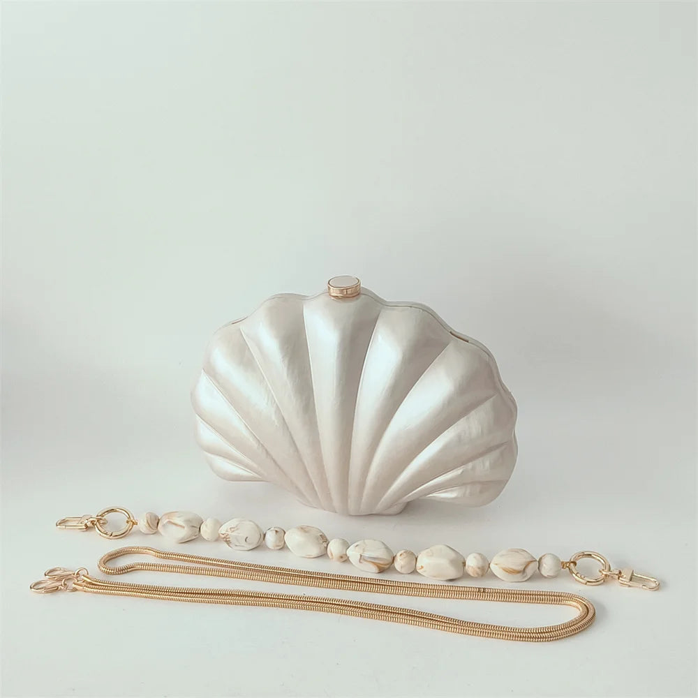 Elegant Pearlescent Seashell Evening Clutch Bag with Marble-Patterned Beaded Chain - Luxury Party Handbag