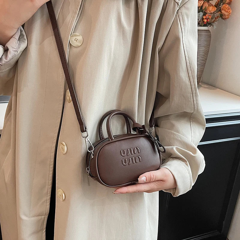 Cute Letter-Embossed Mini Oval Crossbody Bag for Women | Trendy PU Leather Top Handle Shoulder Purse