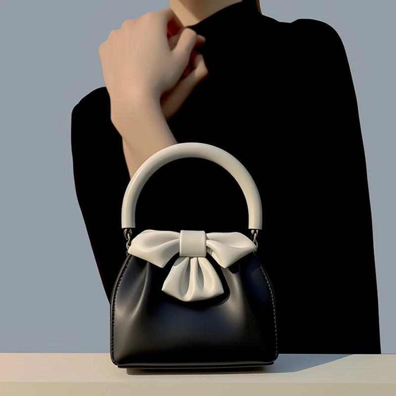 Chic Black & White Bow Mini Handbag – Elegant PU Leather Top Handle Purse & Evening Clutch