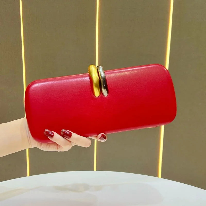 Aura Bags Elegant Rectangular Hard-Shell Clutch & Evening Bag with Gold-Silver Dual Ring Clasp