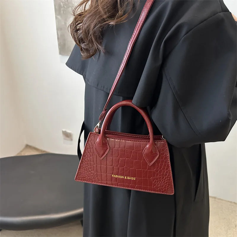 Elegant Retro Crocodile Pattern Top-Handle Satchel with Letter Print