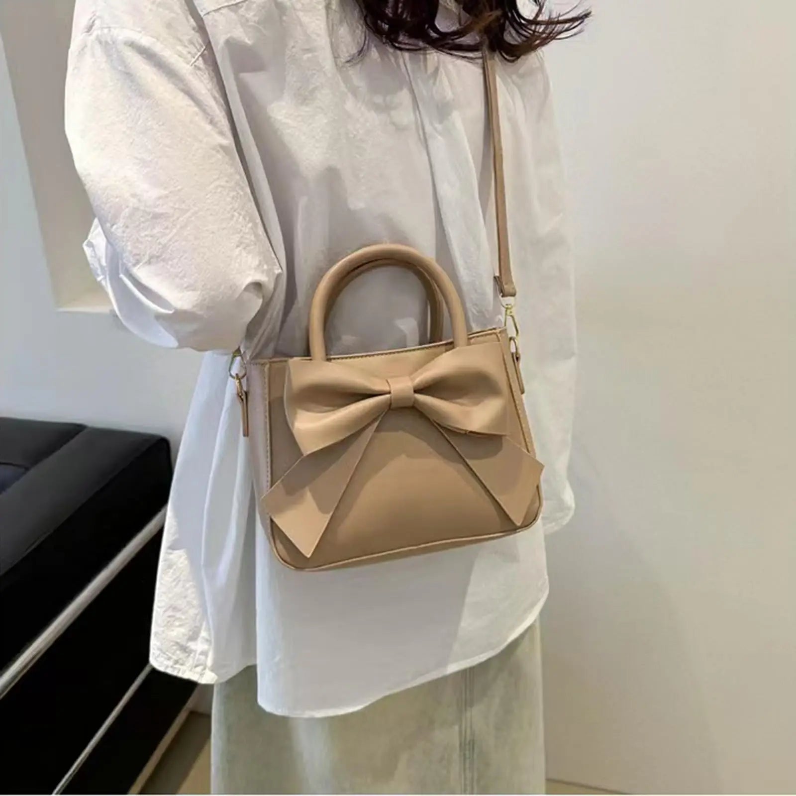 Chic Bow-Accent PU Leather Top-Handle Crossbody Bag | Cute Aesthetic Shoulder Bag