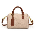 Cozy Sherpa Fleece Barrel Bag with Brown Leather Trim