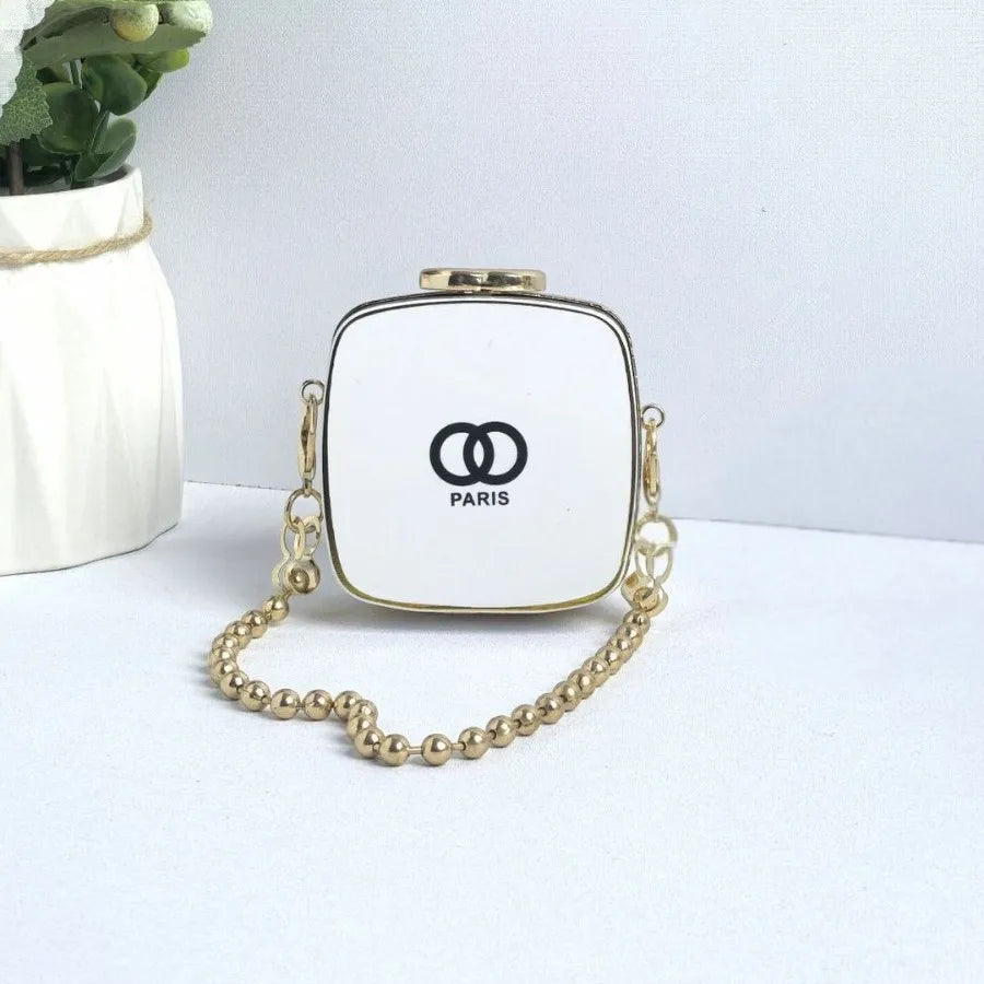 Chic Paris Print Mini Box Bag with Gold Bead Chain