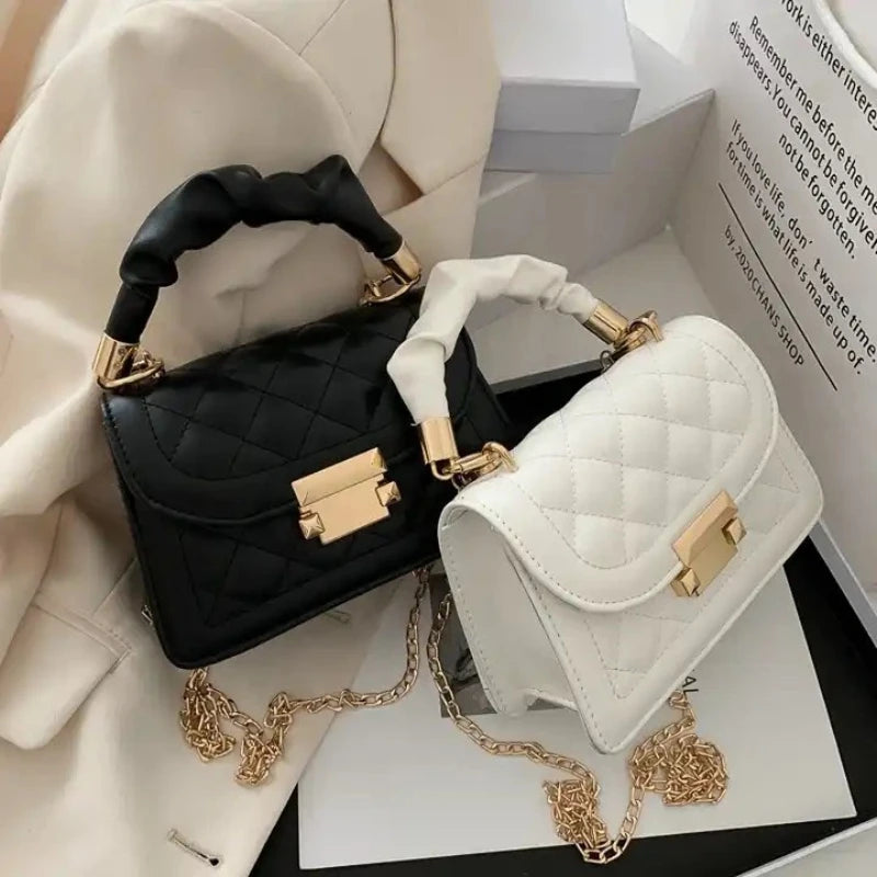 Aura Bags Pastel Lilac Quilted Mini Flap Bag with Scrunchie Handle and Gold Chain