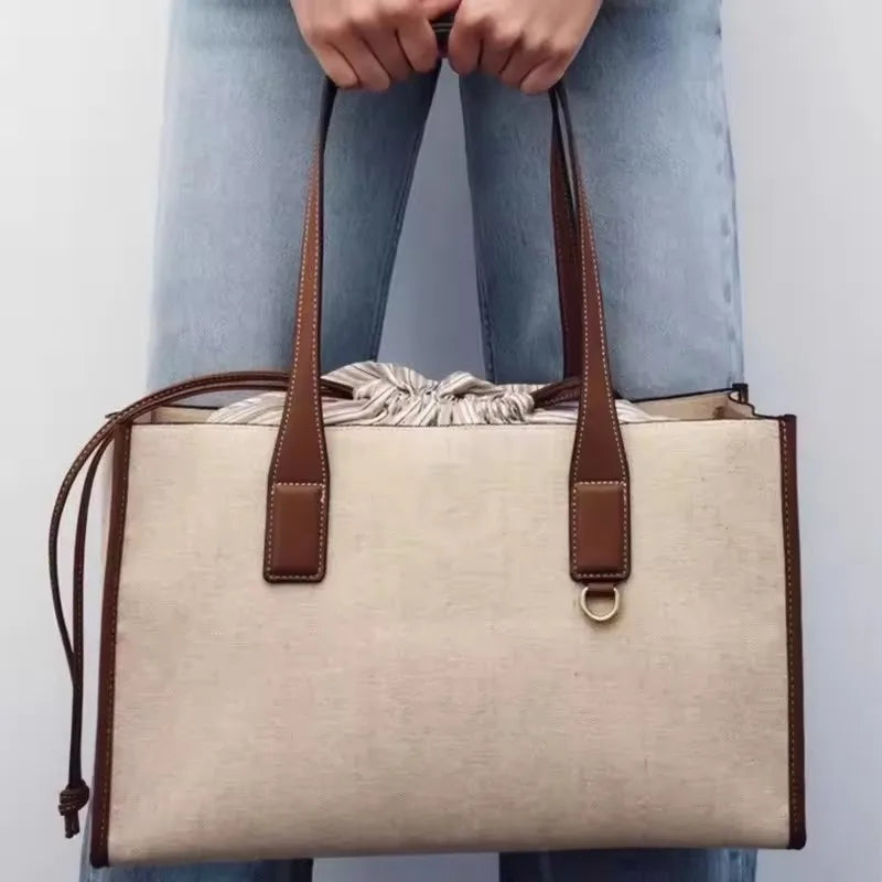 Chic Canvas Tote Bag with Brown PU Leather Trim & Drawstring Closure