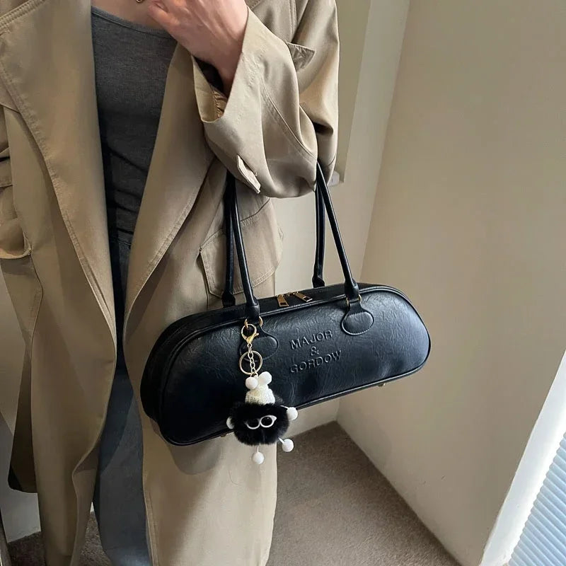 Chic Brown Barrel Shoulder Bag with Cute Fuzzy Charm | Aesthetic Tote Purse