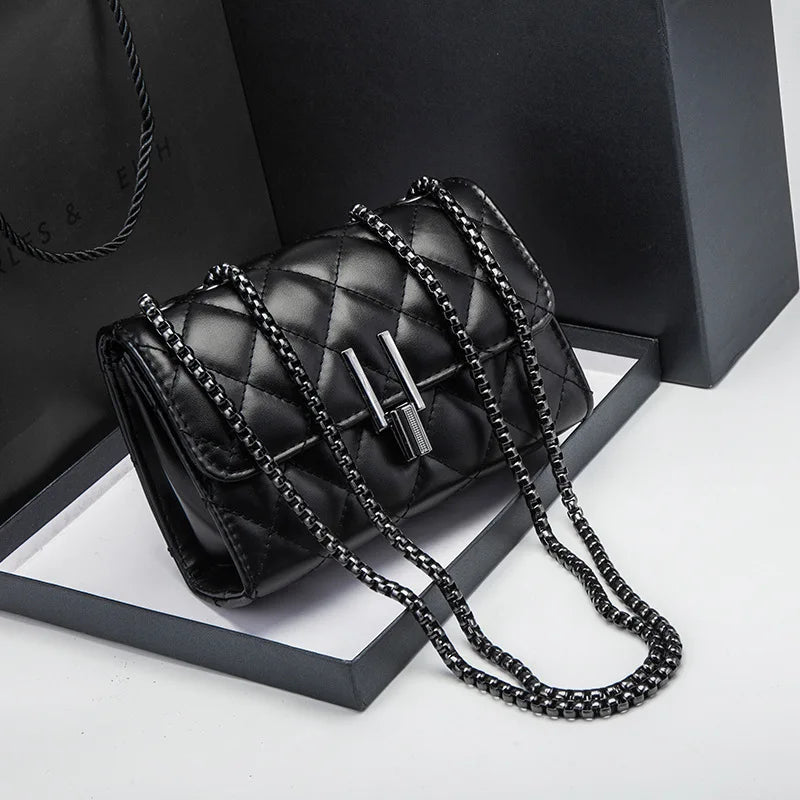 Luxurious Designer-Inspired Quilted Black PU Leather Shoulder Bag Featuring Sleek Gunmetal Chain Strap and Modern Metallic Lock Closure for Women