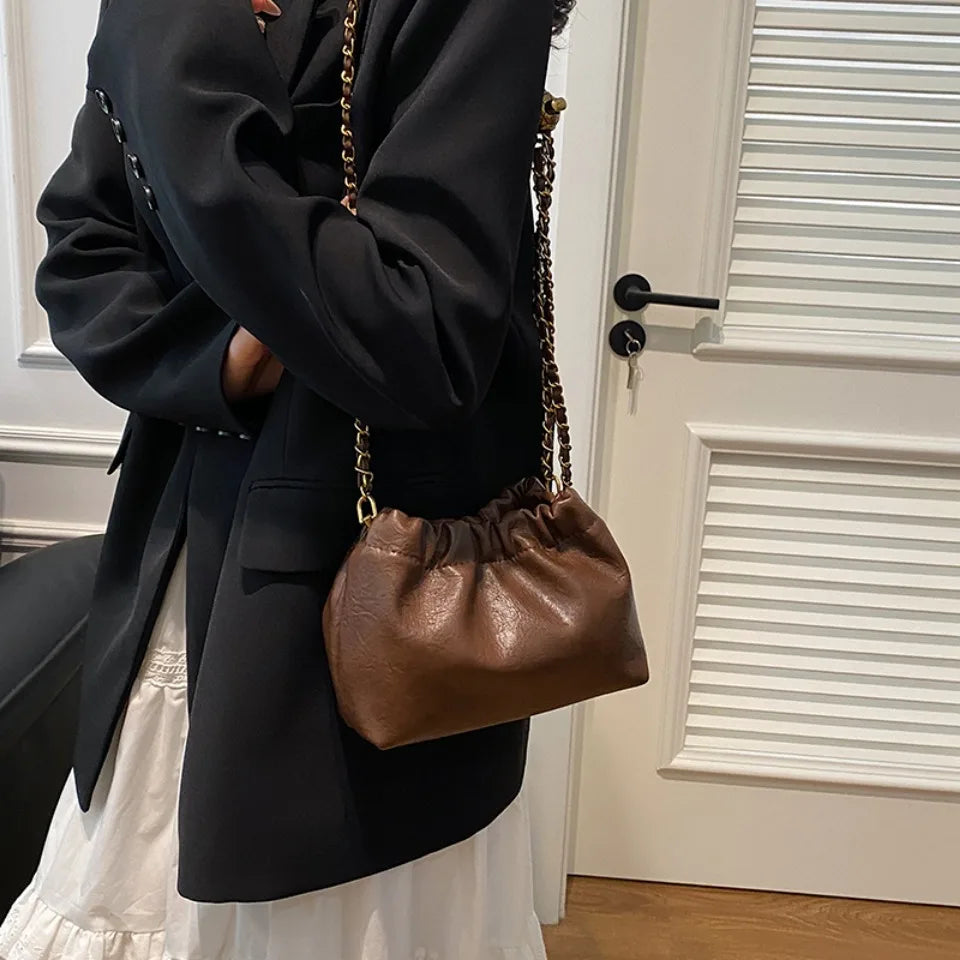 Trendy Soft Faux Leather Drawstring Clutch – Women's Crossbody Chain Bag