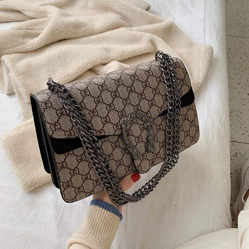 Luxury Monogram Flap Shoulder Bag with Tiger Head Accent & Dark Chain