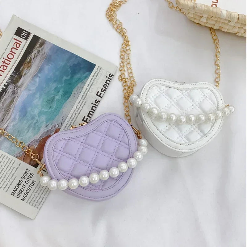 Cute Quilted Heart-Shaped Mini Handbag with Pearl Handle