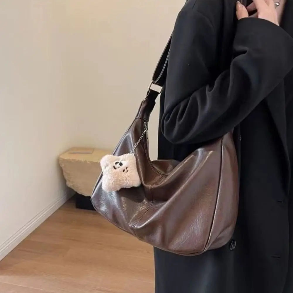 Aura Bags Vintage Brown Slouchy PU Leather Tote Bag with Fluffy Bear Charm