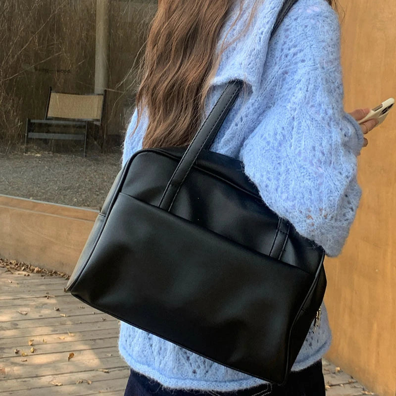 Vintage Dark Brown Leather Shoulder Bag | Retro Boston Duffel Tote with Cute Charm