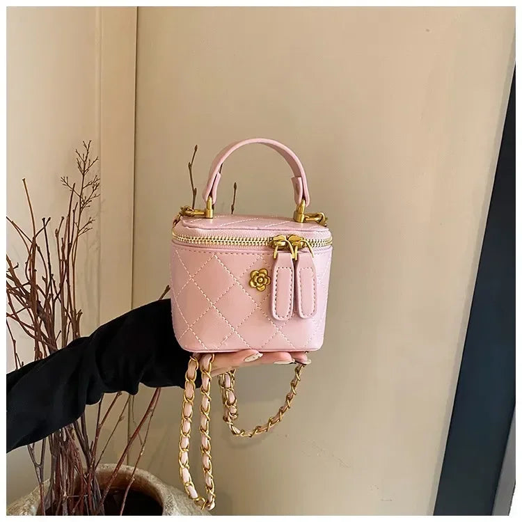 Cute Quilted Mini Vanity Box Bag with Gold Chain & Flower Detail