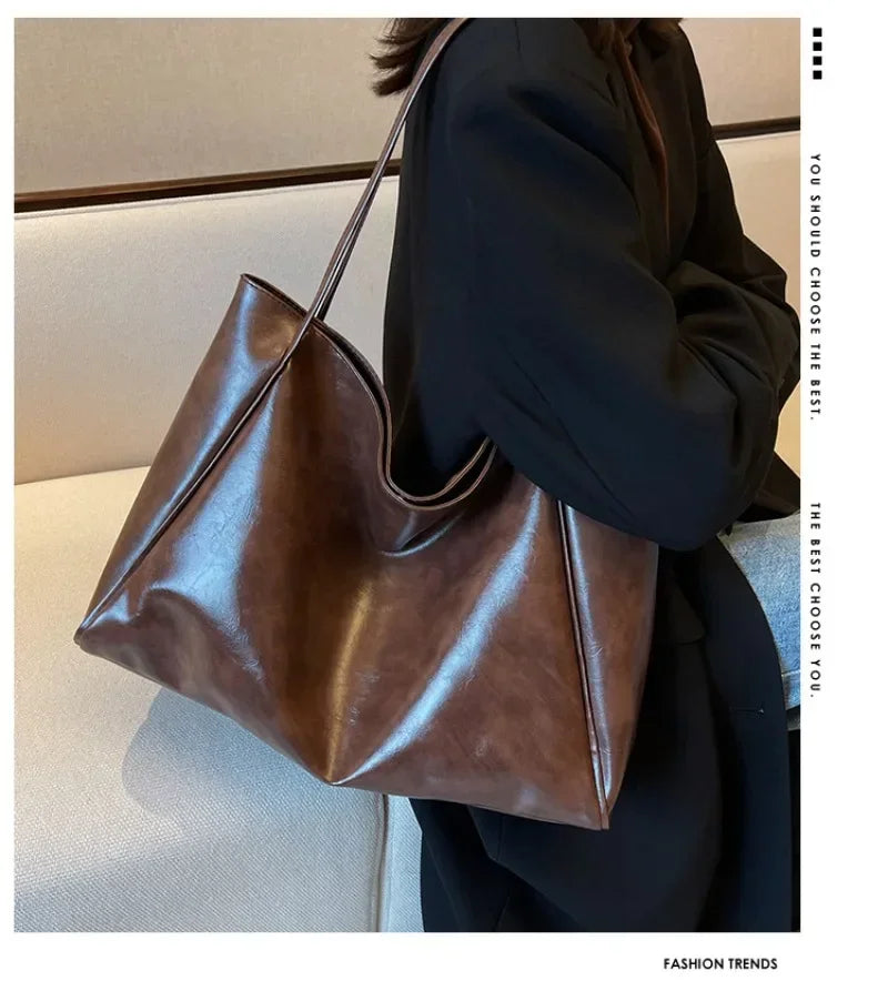 Modern Glossy PU Leather Tote Bag | Large Capacity Soft Shoulder Shopping Bag for Women