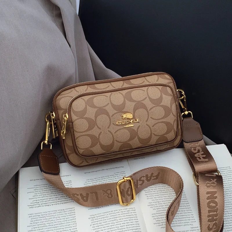 Classic Monogram Pattern Multi-Pocket Crossbody Bag for Women | Chic Wide Strap Shoulder Camera Purse