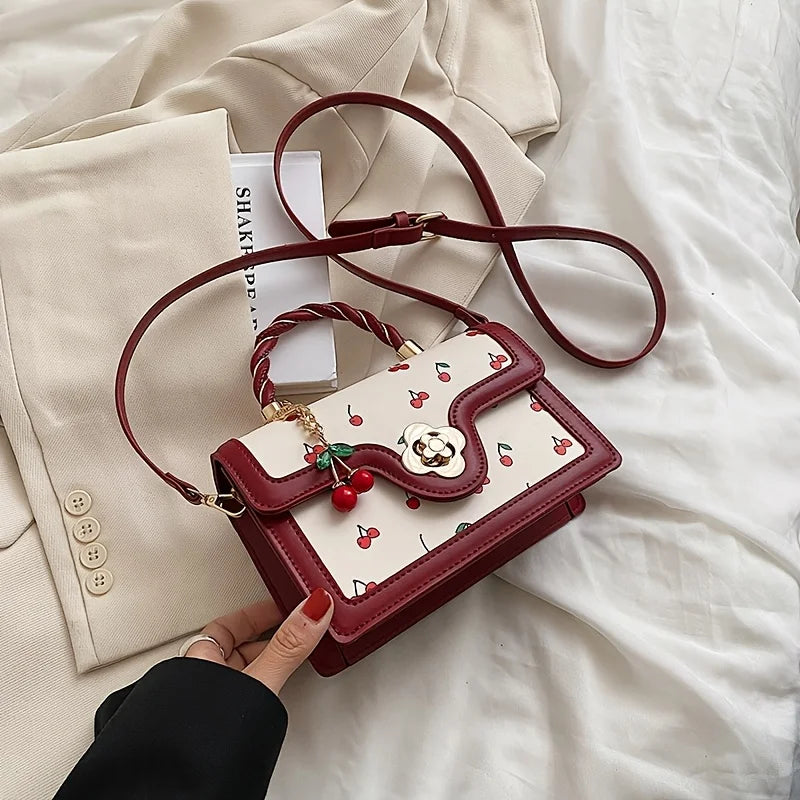 Sweet Cherry Print Mini Crossbody Bag with Twisted Handle and Charm