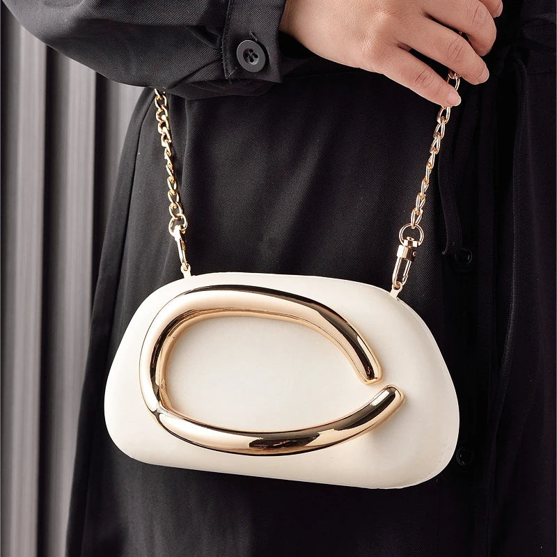 Luxury Metal Ring Handle Evening Clutch – Designer PU Leather Mini Crossbody & Chain Shoulder Bag