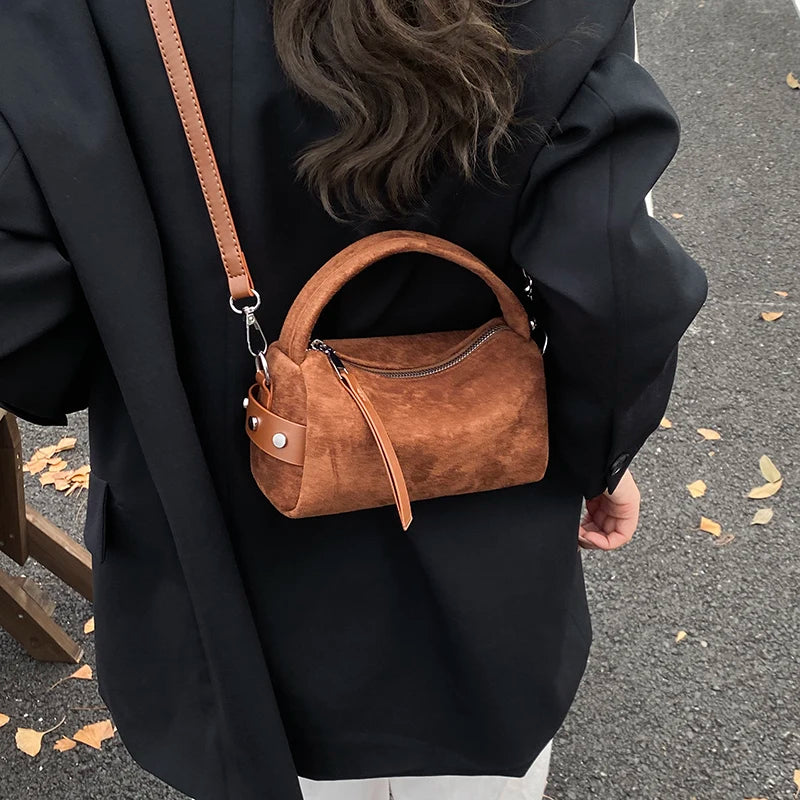 Vintage Brown Suede Barrel Bag – Chic Top-Handle Handbag & Casual Crossbody Bag for Women