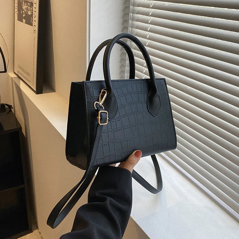 Faux-Croc Textured Structured Handbag with Crossbody Strap