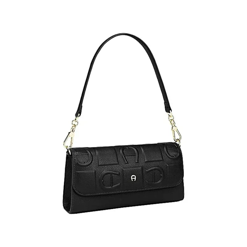 Elegant Textured Black Leather Shoulder Bag – Stylish Crossbody Clutch with Gold Hardware for Women